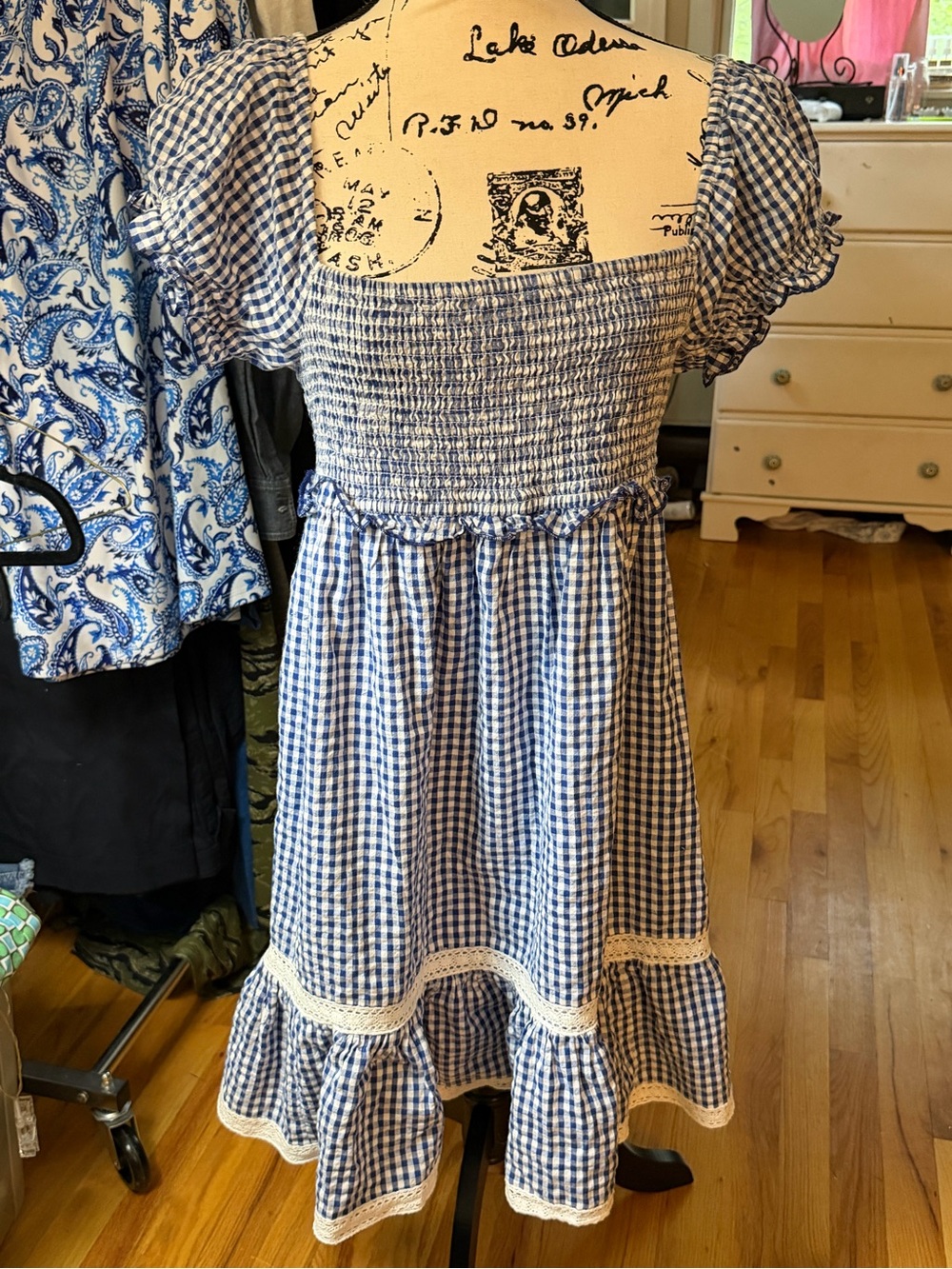 Urban Outfitters Blue and White Gingham Smocked Sundress